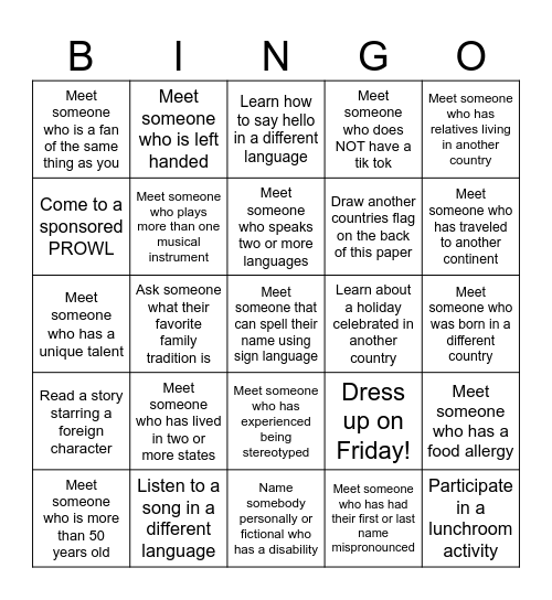 Multicultural Week Bingo Card