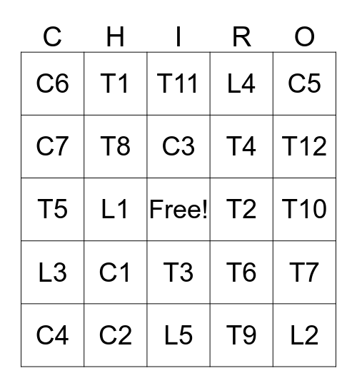 Chiro Bingo Card