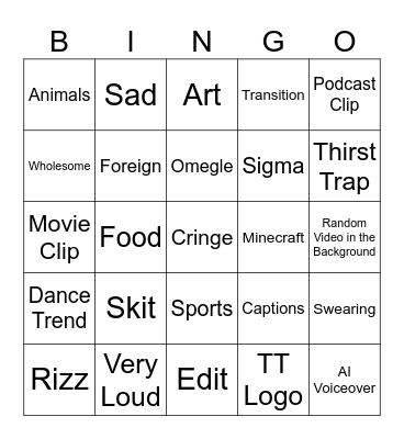 YT Shorts Bingo Card