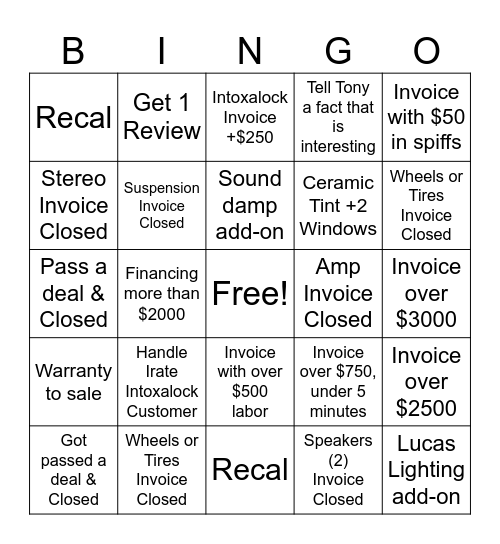 Breakers Bingo Card