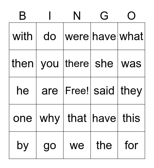 Irregular Word Bingo Card