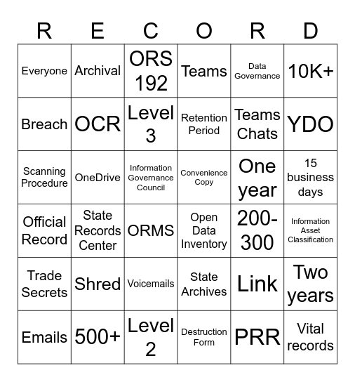 DEQ Records & Information Bingo Card