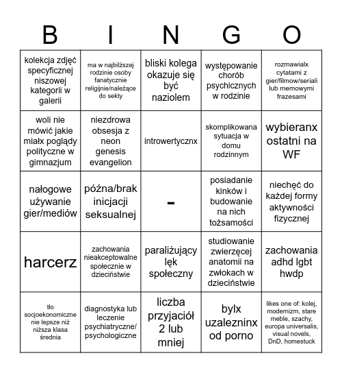 dziwne dziecko bingo Card