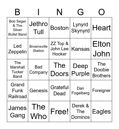 Classic Rock Artists #1A Bingo Card