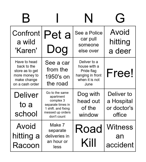 Delivery Driver Work Bingo Card