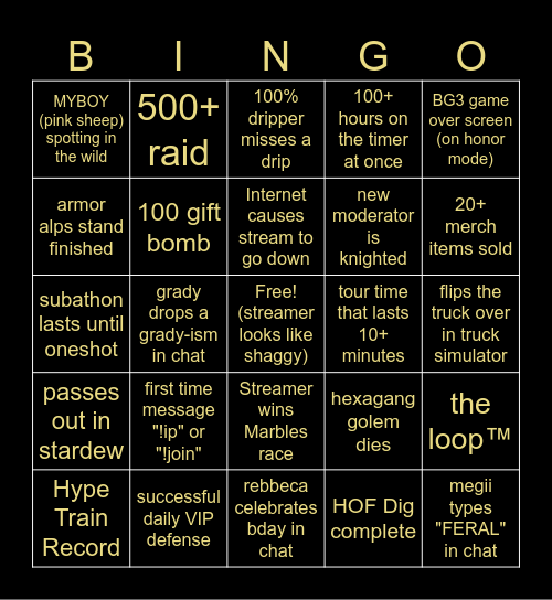 Acrylic Subathon Bingo Card