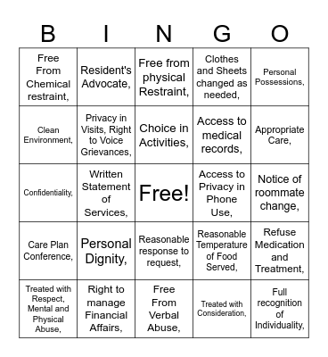 Resident Rights Bingo Card