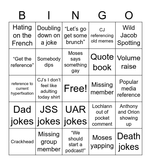 Friend Group Bingo Card