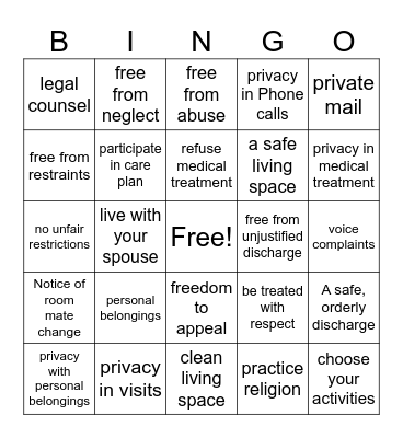 Residents rights bingo Card