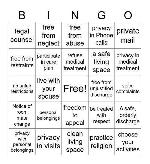 Residents rights bingo Card