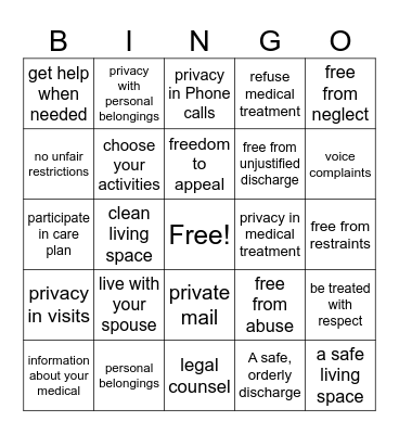 Residents rights Bingo Card