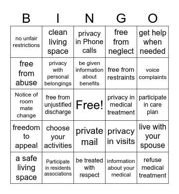 Residents rights Bingo Card