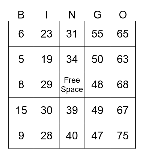Number Bingo Card