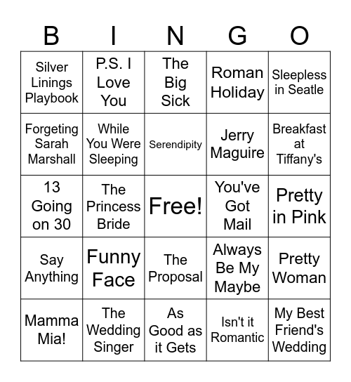 Romantic Comedy Bingo Card