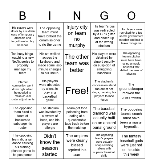 Why did Jay's Team Lose? Bingo Card