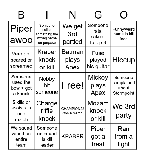 Apex Ranked Bingo Card