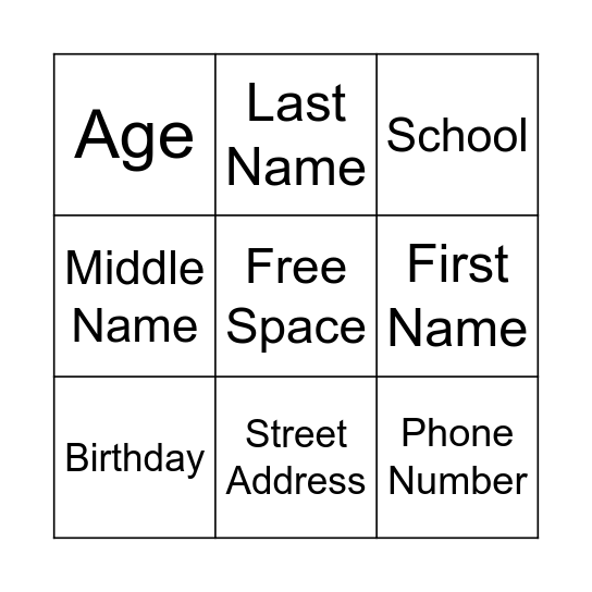 Personal Information Bingo 1 Bingo Card