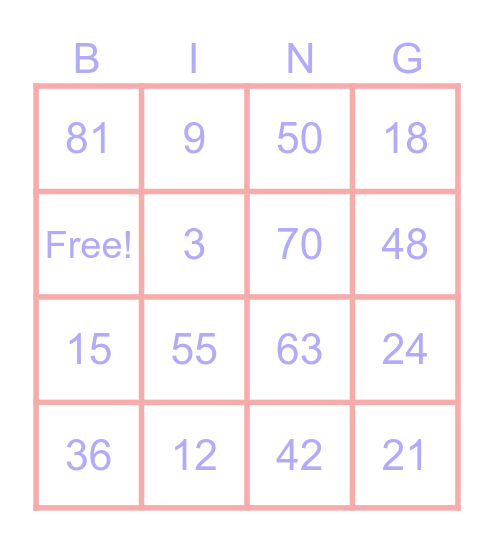 Multiplication Bingo Card