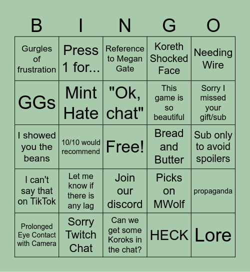 KORETH BINGO Card