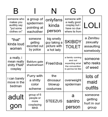 Cosplays and things we might see at momocon Bingo Card