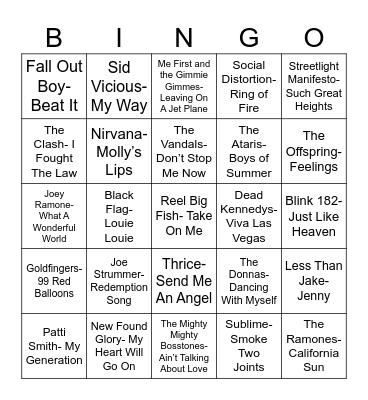 Radio Bingo Punk Goes Pop Bingo Card