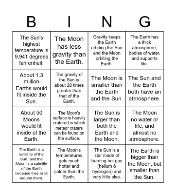 5.8D: The Sun, Earth, & Moon Bingo Card