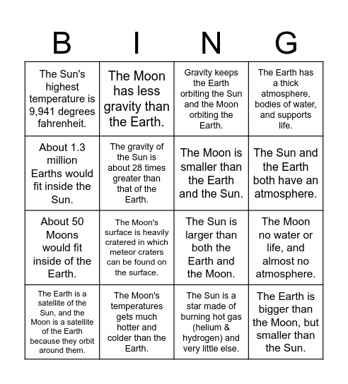 5.8D: The Sun, Earth, & Moon Bingo Card