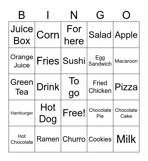 Food Bingo Card