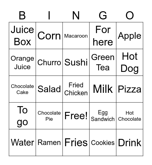 Food Bingo Card