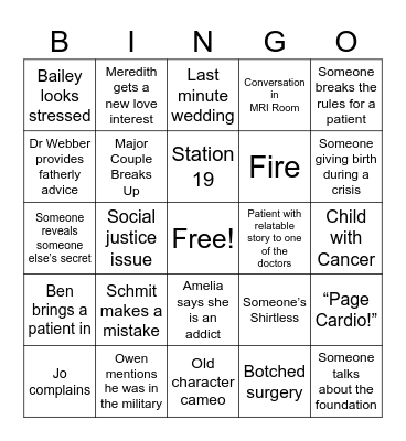Greys Anatomy Generic Bingo Card