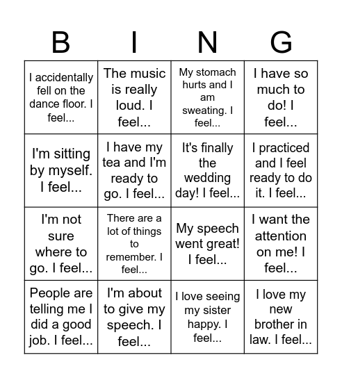Wedding Scenarios Bingo Card