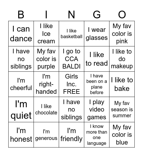 ALL ABOUT ME BINGO Card
