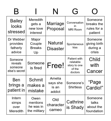 Greys Anatomy Generic Bingo Card