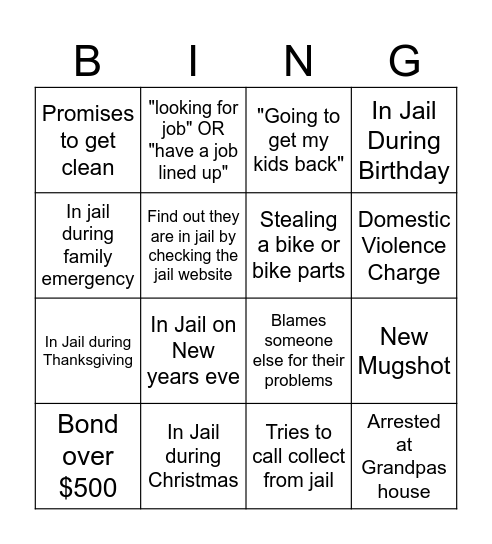 Jail Bingo Card