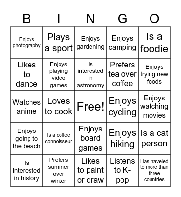 Experience Bingo Card