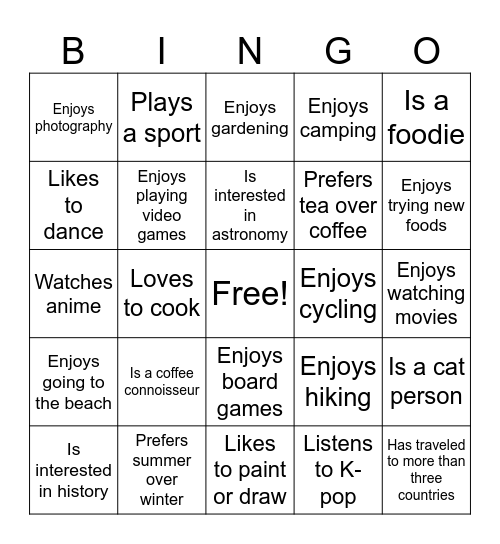 Experience Bingo Card