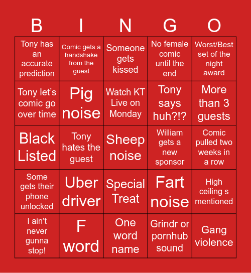 KillTony Bingo Card