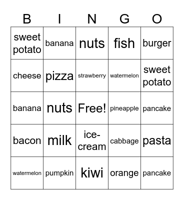 Nutrition bingo Card