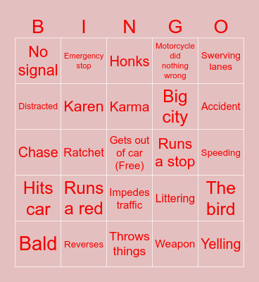 Road Rage Bingo Card