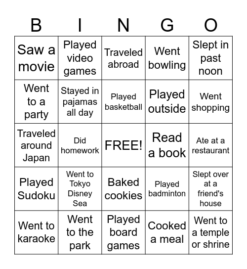 Winter Break Bingo- What did you do? Bingo Card