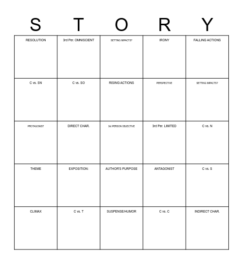 ELEMENTS OF FICTION REVIEW NOTES Bingo Card