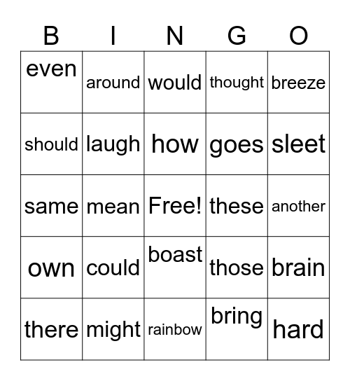 sight words Bingo Card