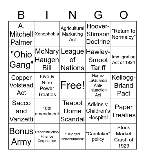 Politics in the Roaring Twenties Bingo Card