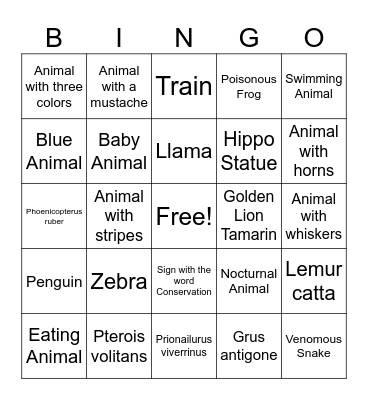 Zoo Bingo Card