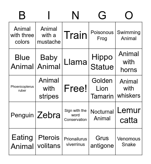 Zoo Bingo Card