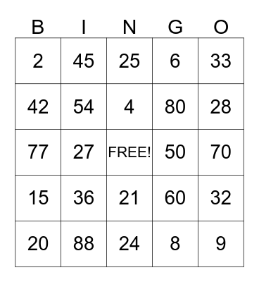 Multiplication Bingo Card