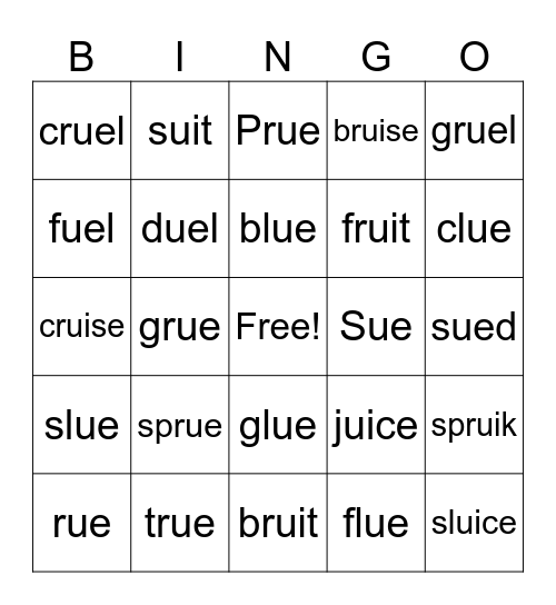 Words with "ue"/"ui" sound Bingo Card