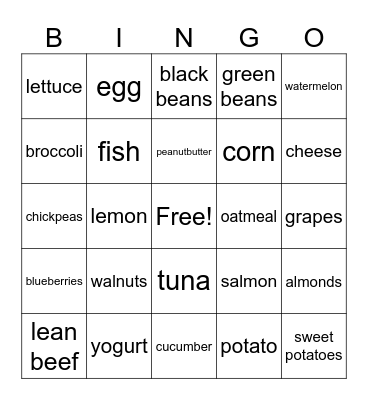 Nutrition Bingo Card