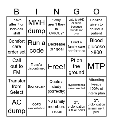 ICU Bingo Card