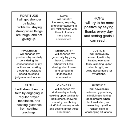 Virtues Bingos Bingo Card